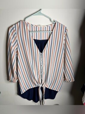 Gilli Striped Tie-Front Blouse in White, Blue, and Orange